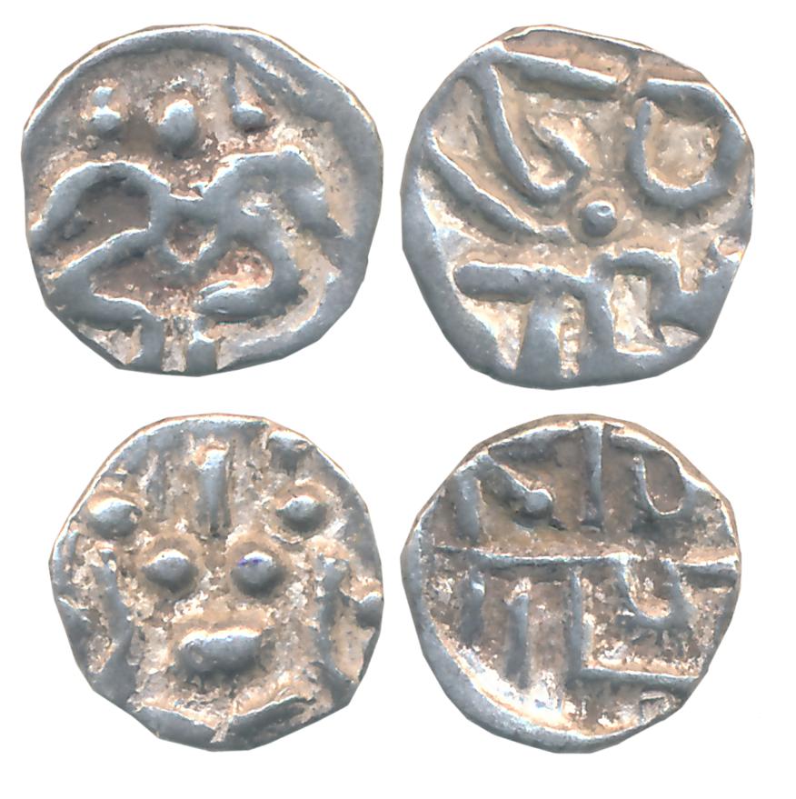 Kalachuris of Ratnapur, Ratnadeva II or III, Silver Mashakas (2), 0.28g, 0.27g, Obv: Hanum