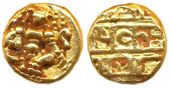Vijaynagar Empire, Krishnadevraya, Gold Varaha, 3.29g, Obv: Lord Balakrishna seated facing