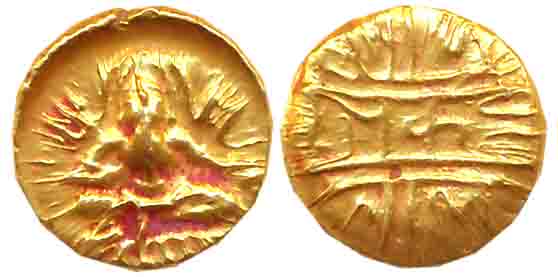 Vijaynagar Empire, Krishnadevaraya, Gold 1/2 Varaha, 1.59g, Obv: Lord Bala Krishna seated 