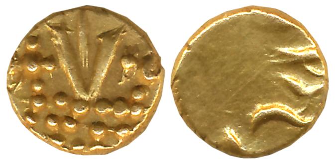 Thanjavur Nayaks, Gold Fanam, 0.38g, Obv: Vaishnavita symbol flanked by conch & discus, Re