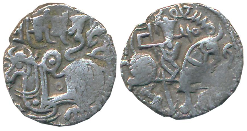 Mas’ud, Billon Jital, 3.12g, “Hindu Shahi” style, Obv: Bull Seated left, Sarada legend “Sr