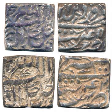 Akbar, Silver Square Rupees (2), 11.40g, 11.32g, “Jalalahu” type, Tatta Mint, RY 42, 45, I
