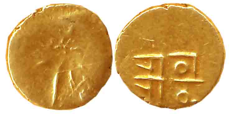 Gold Fanam, 0.36g, Obv: Degenerated figure of Goddess Kali, Rev: Devnagari legend “Rama Ra
