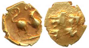 Gold Sarabhu Fanam, 0.38g, Obv: Horse Galloping to right, Rev: Devnagari legend “Sri Sarbh