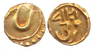 Tipu Sultan, Gold Fanam, 0.39g, Farrukhi Mint, AM 1217 retro (KM# 58). Extremely fine.