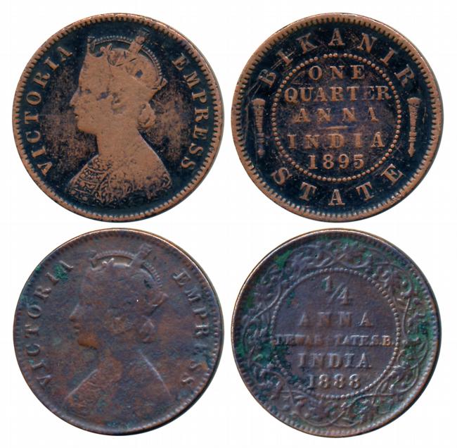 Copper 1/4 Anna (2), Devas, Narayan Rao, 1888 (KM# 12) & Bikaner, Ganga Singh, 1895 (KM# 7