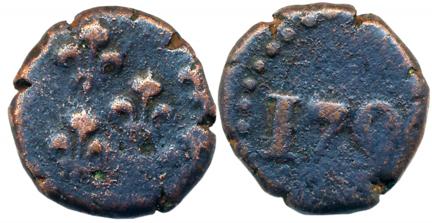 Copper Biche, 5.96g, 179X, Obv: 5 Fleur de lis, Rev: date (KM# 65). Very fine for type, ve