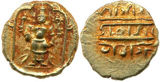 Gold 1/2 Pagoda, 1.71g, Pulicat, Obv: Lord Venkateshwara, standing within a decorated fram
