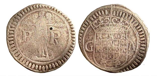 Goa, D Sebastiao, Silver 1 Bastião- 5 Tangas or 300 Reais, 19.5g, Obv: Crowned arms with l