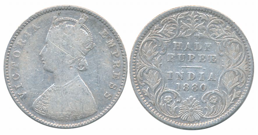 Victoria Empress, Silver 1/2 Rupee, 1880, Calcutta Mint, A/I, C incused (Prid# 264). Fine+