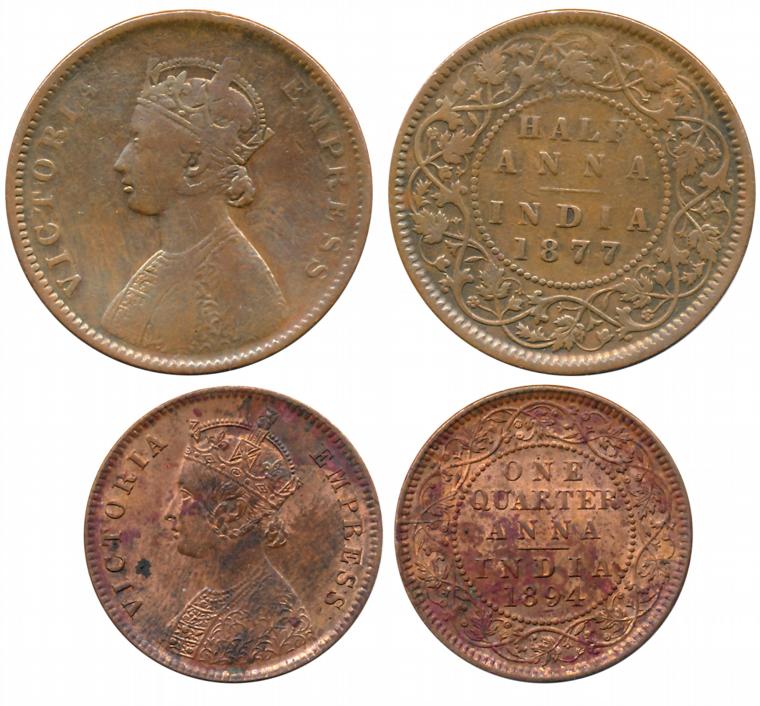 Victoria Empress, Copper (2), 1/2 Anna, 1877, & 1/4 Anna, 1894, Calcutta Mint. About very 