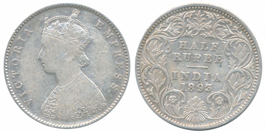 Victoria Empress, Silver 1/2 Rupee, 1893, Calcutta Mint, A/I, C incused. About very fine.