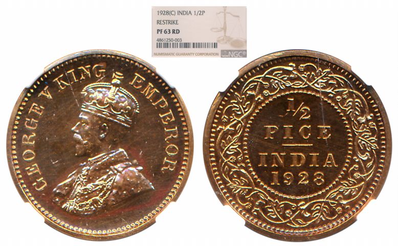 George V, Copper 1/2 Pice, Proof Restrike, 1928, Calcutta Mint. Slab & Graded by NGC as PF