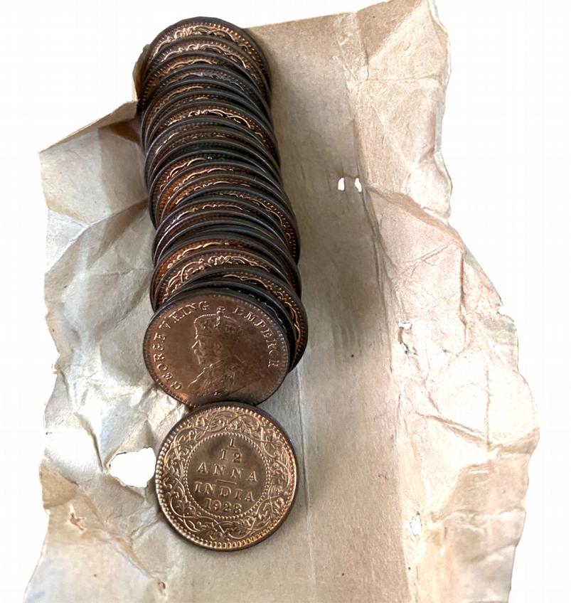 George V, Copper (24), 1/12 Anna Roll, 1928. Packed in repacked roll. Uncirculated. 24pcs
