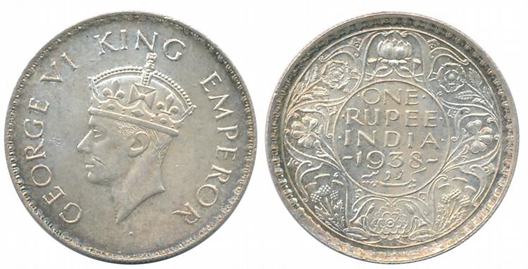 George VI, Silver Rupee, 1938, Bombay Mint, without Mint mark (Prid# 233). Very fine+.