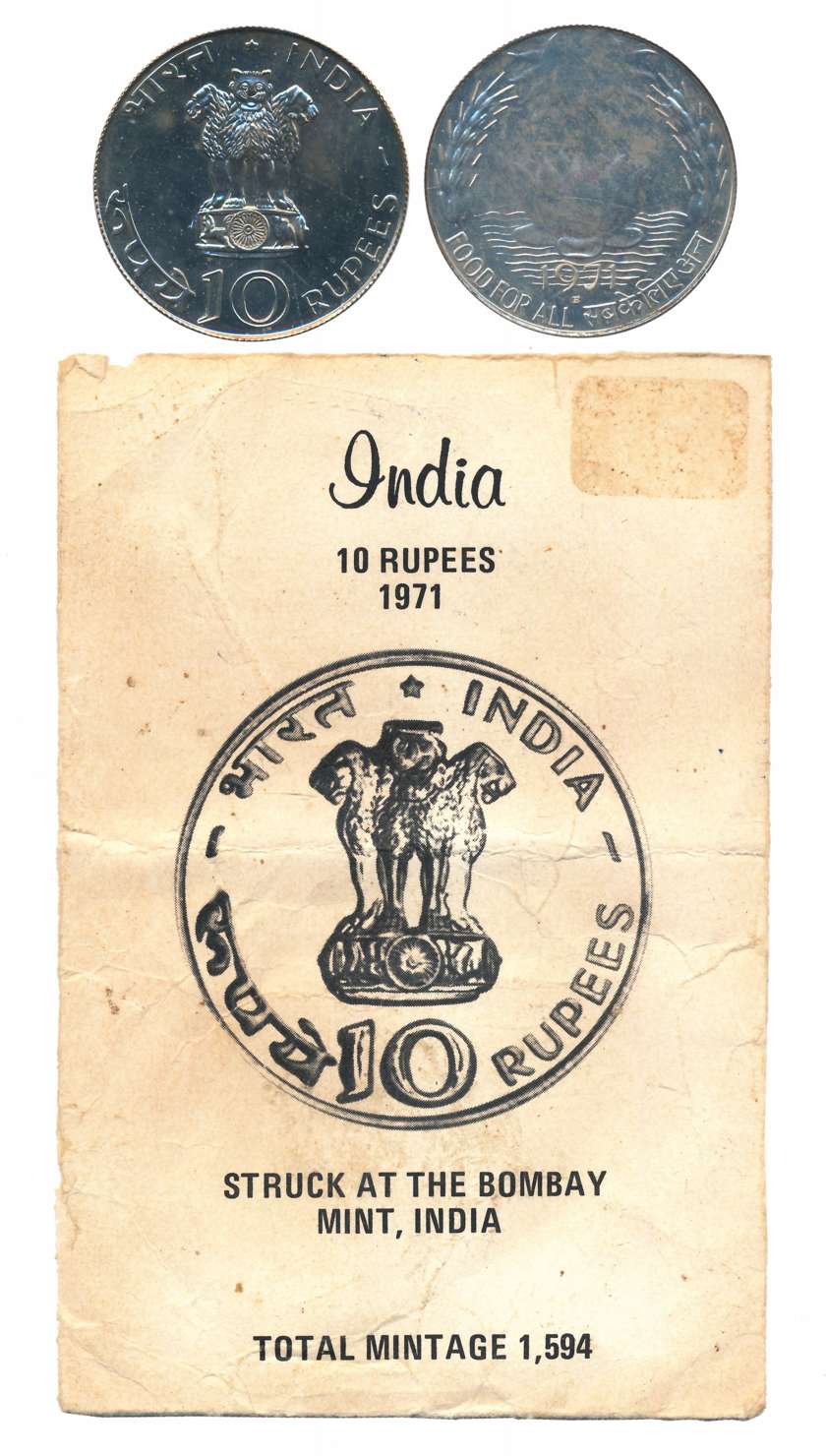 1971, Proof, Silver, 10 Rupee, Food for All, Bombay Mint, with original envelope (RB# 28).
