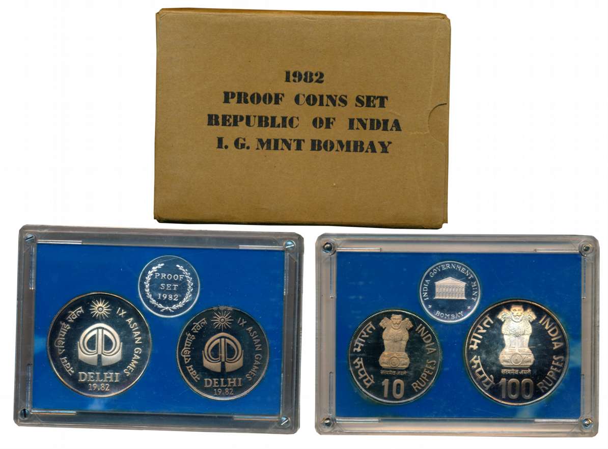 1982, Proof set of 2 coins, “IX Asian Games”, Bombay Mint, Rupees 100 and 10 (RB# 92). In 