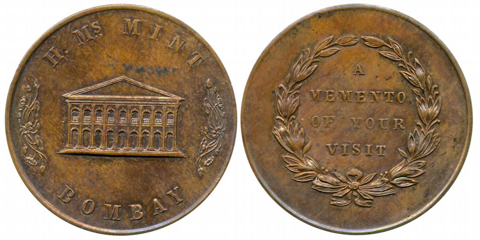 H. M. Mint Bombay Token, Copper, 23.08g. Obv: H. Ms Mint Bombay. Rev: A memento of your vi