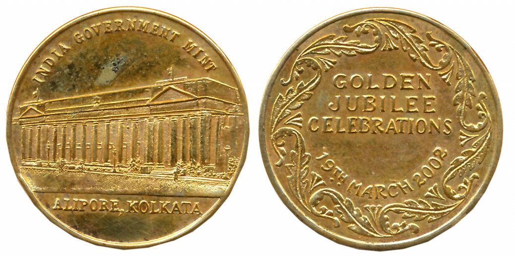 India Government Mint Medal, Silver with Gold guilt, 13.02g, 2002, Alipore, Calcutta, Obv: