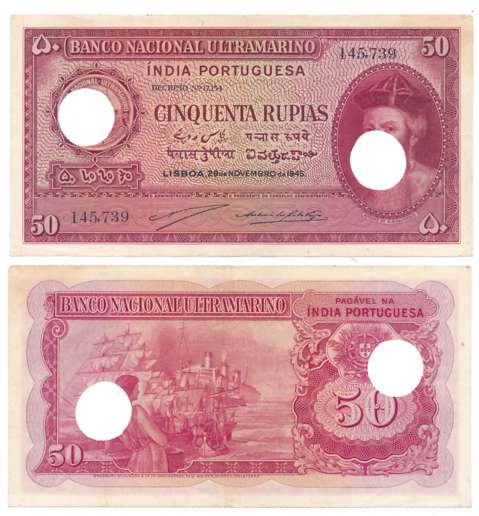 Indo Portuguese, Goa, 50 Rupias, 6th issue, Type 32, Signed P-2 A-4, Two cancellation hole
