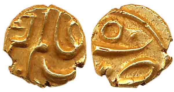 Aurangzeb, Gold Fanam, 0.37g, Balapur Mint (KM# 324.1). Extremely fine.
