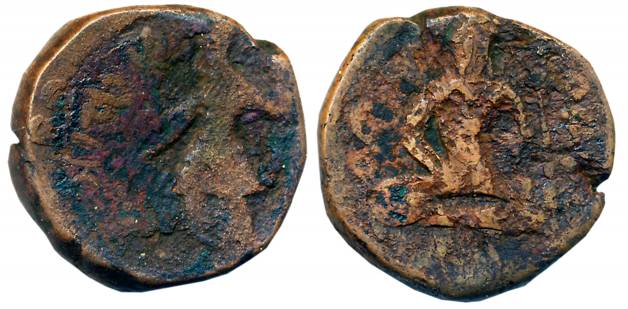 Kushans, Kanishka I, Copper Tetradrachm, 14.77g, “Buddha” type, Obv: King standing left, h