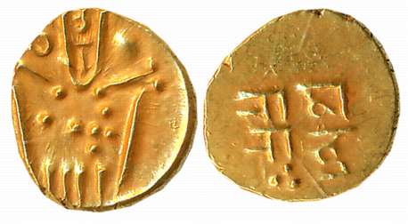 Gold Fanam, 0.38g, Obv: Degenerated figure of Goddess Kali, Rev: Devnagari legend “Ram Rau