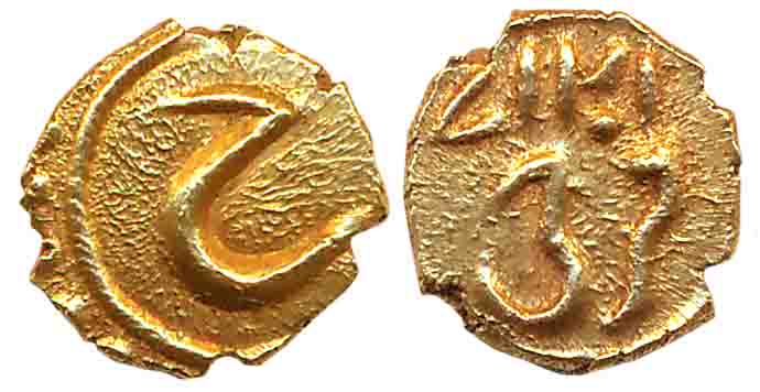 Tipu Sultan, Gold Fanam, 0.38g, Farrukhi Mint, AM 1217 (KM# 58). Extremely fine.