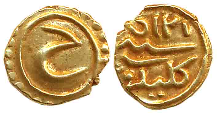 Tipu Sultan, Gold Fanam, 0.38g, Kalikut Mint, AM 1215 (KM# 78). Extremely fine.
