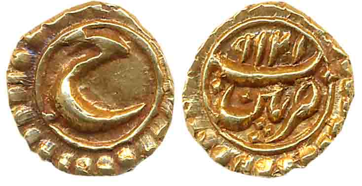 Tipu Sultan, Gold Fanam, 0.38g, Patan Mint, AH 1219 (retro) (KM# 128.1). Extremely fine.