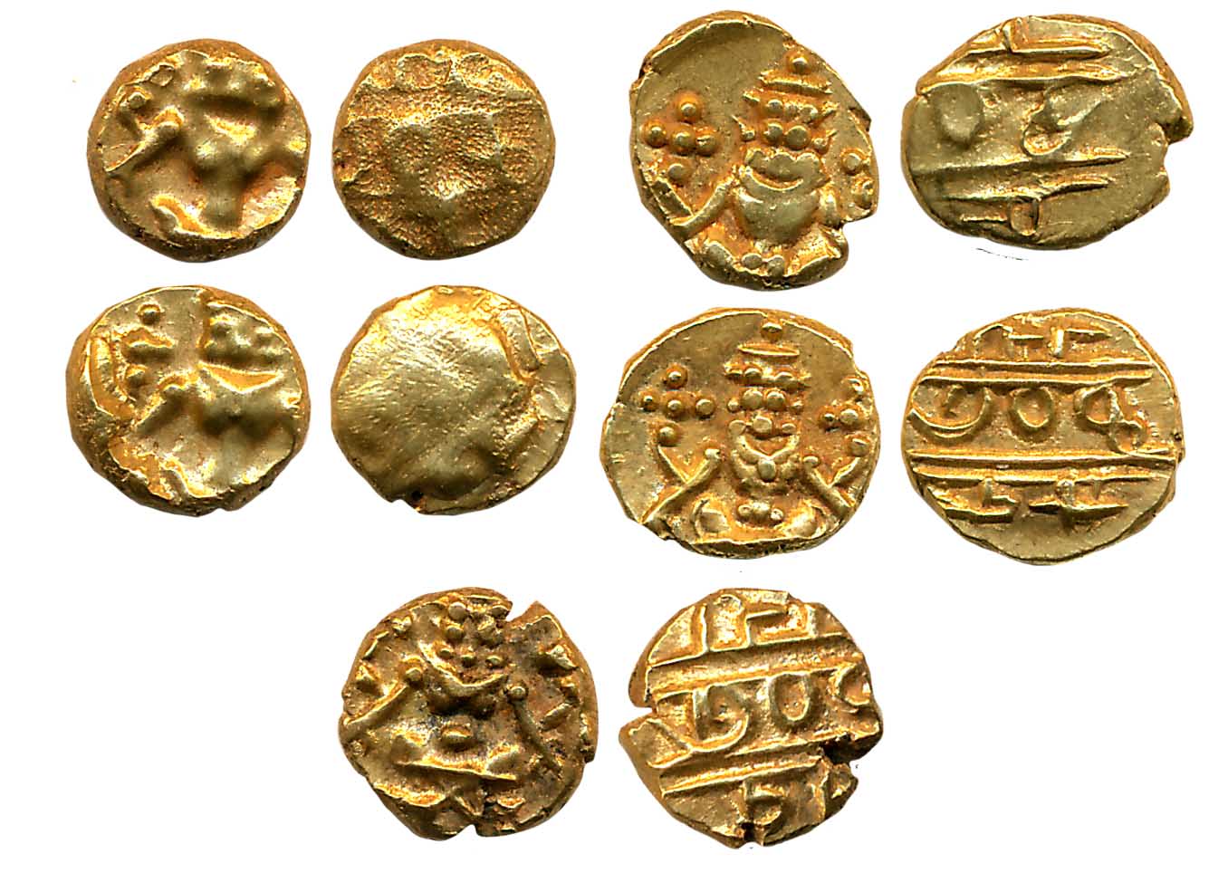 Gold Narsimha Fanam (5), 0.38g, 0.38g, 0.38g, 0.38g, 0.37g, Obv: Lord Narsimha, Rev: Legen