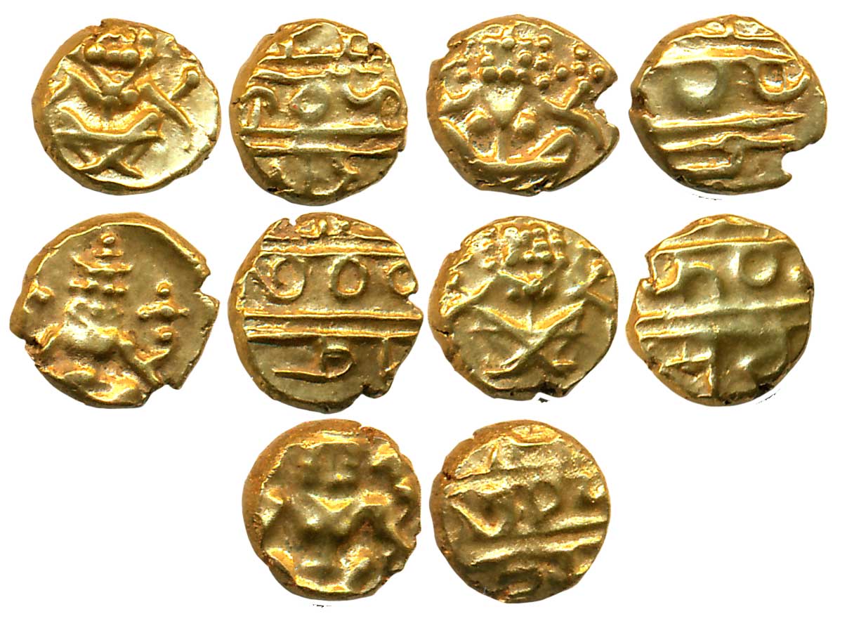 Gold Narsimha Fanam (5), 0.38g, 0.38g, 0.38g, 0.38g, 0.38g, Obv: Lord Narsimha, Rev: Legen