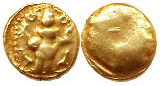 Gold Pagoda, 3.42g, Obv: Lord Venkateshwara standing within a decorated frame with a Shank