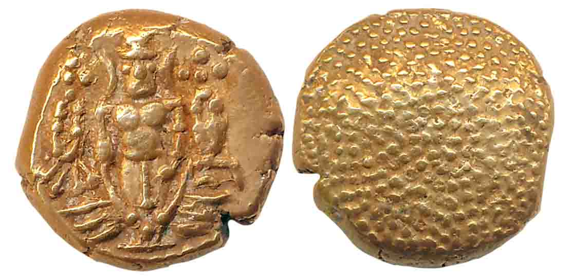 Gold Pagoda, 3.39g, Obv: Standing figure of Lord Vishnu, Rev: Granulated (P. Steven# 1.2, 