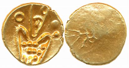 Gold Fanam, 0.36g, Obv: Degenerated figure of Goddess Kali, Rev: Devnagari legend “Rama Ra