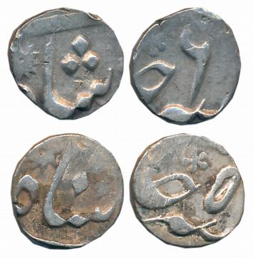 Murshidabad, Silver 1/8 Rupees (2), 1.44g, 1.42g, in the name of Shah Alam II, RY 5 & 6 (K