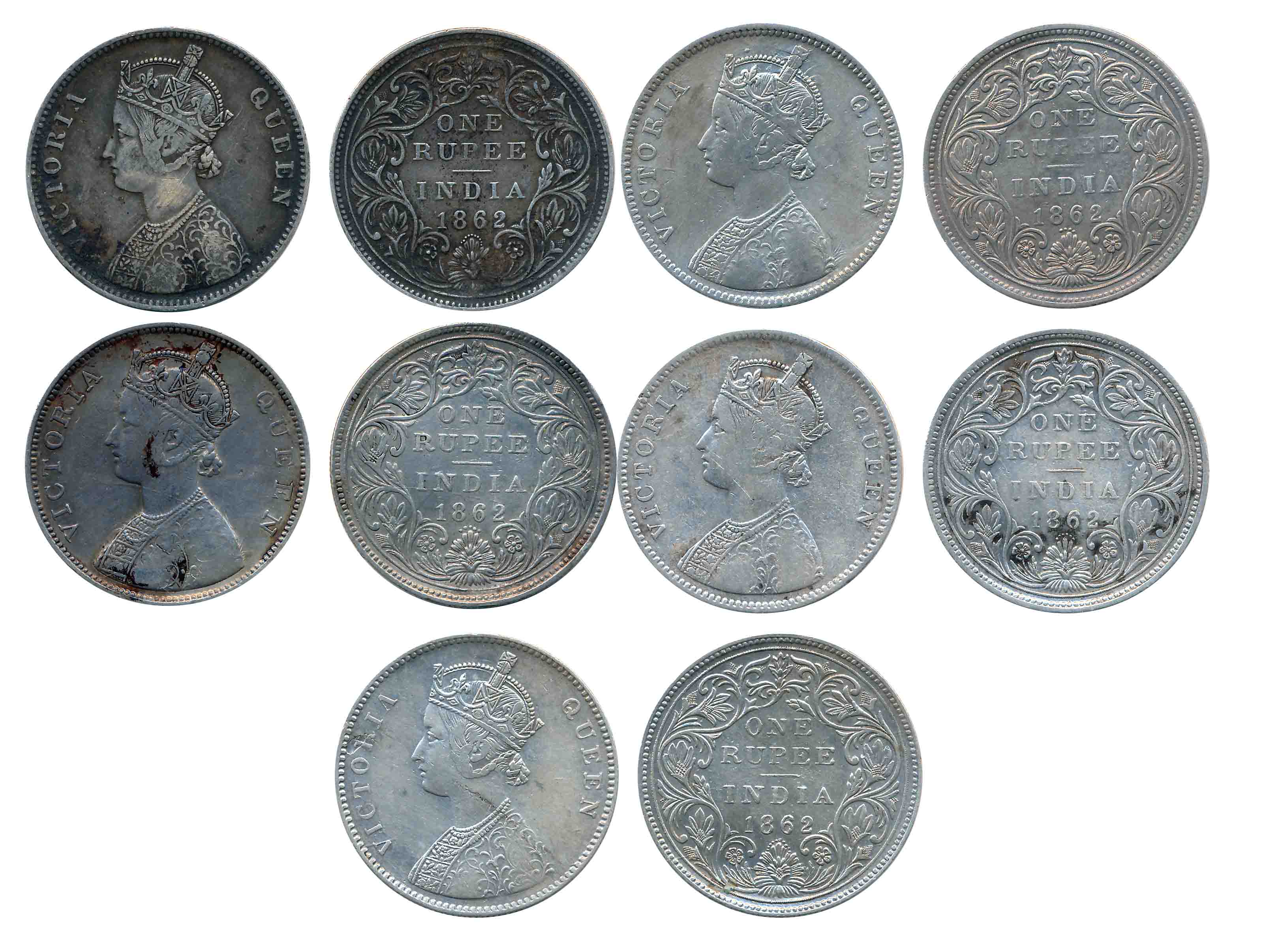 Victoria Queen, Silver Rupees (5), “Dot Verities”, 4 dots, 5 dots, 6 dots & 10 dots (2pcs)