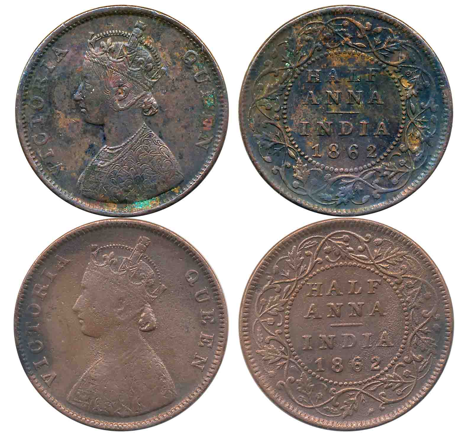 Victoria Queen, Copper 1/2 Anna (2), 1862. Uncleaned, about very fine to very fine+. 2 coi