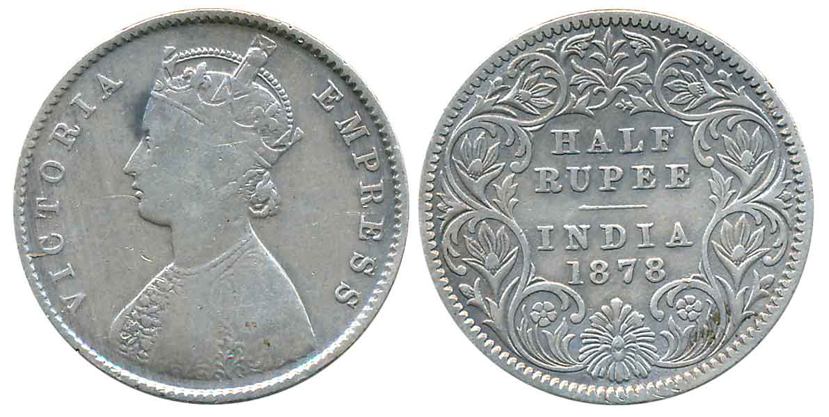 Victoria Empress, Silver 1/2 Rupee, 1878, Calcutta Mint. About very fine.