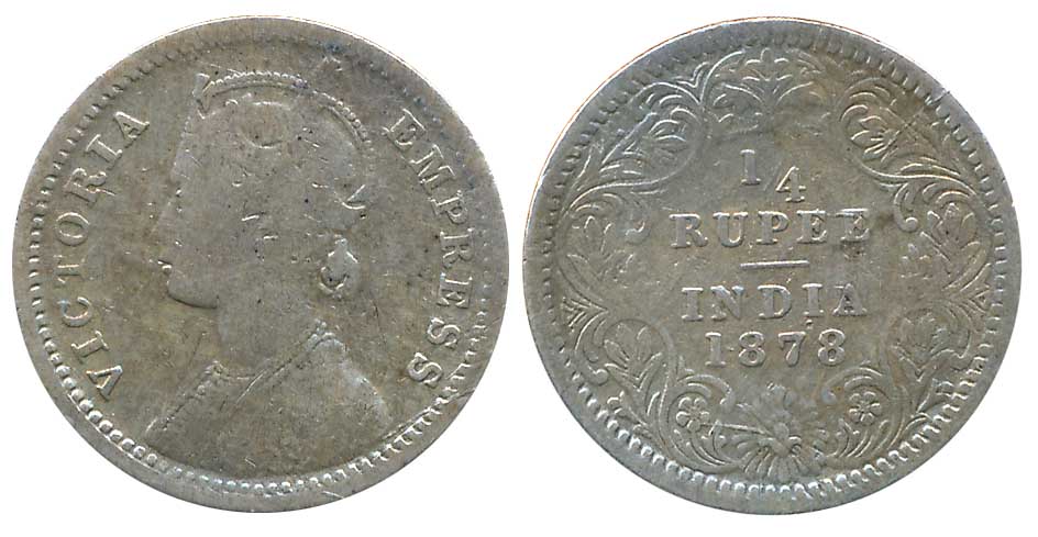 Victoria Empress, Silver 1/4 Rupee, 1878. Fine+.