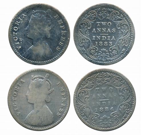 Victoria Empress, Silver 2 Annas, 1883, 1884. Fine+. 2 coins.