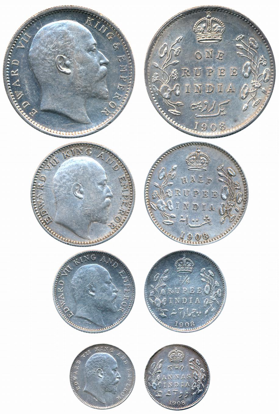 Edward VII, Silver Complete Set of 4, Rupee, 1/2 Rupee, 1/4 Rupee, & 2 Anna, 1908. About e