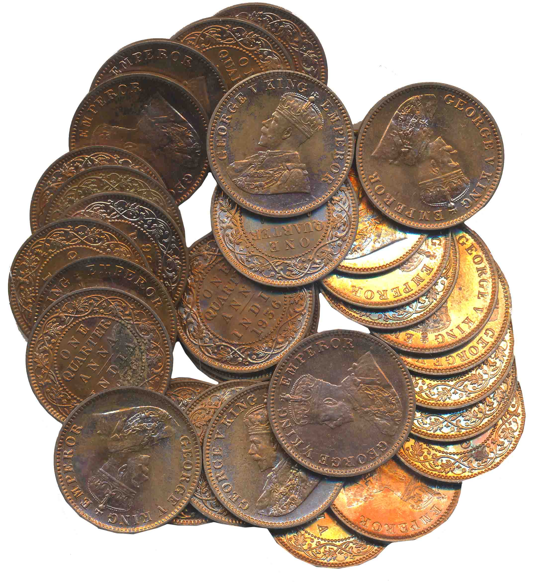 George V, Copper 1/4 Anna (32), 1936. Packed in Khaki Paper Roll. Uncirculated. 32 coins r