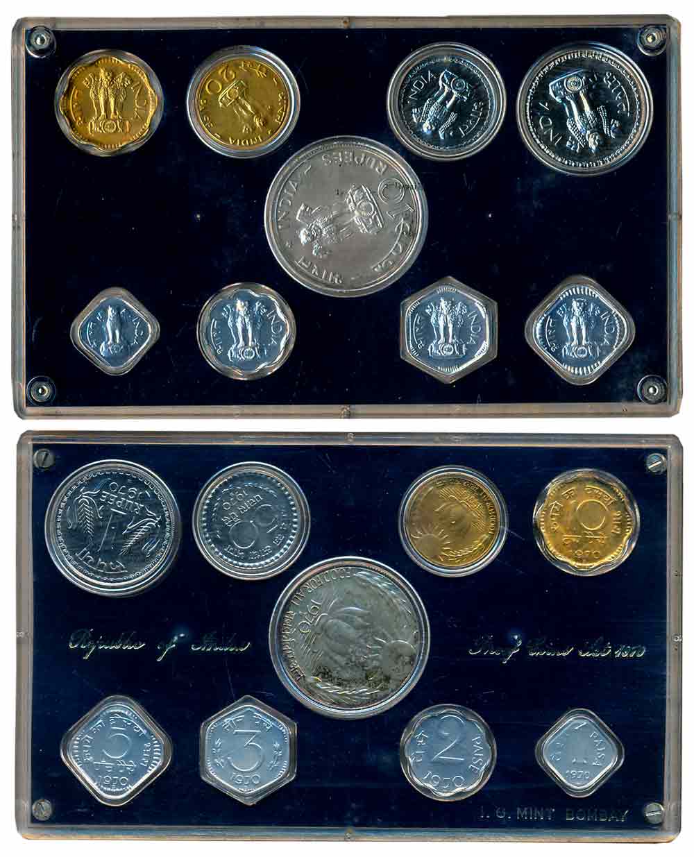 1970, Proof set of 9, Rupees 10 & Paise 20 (F.A.O.), Rupee 1, Paise 50, 10, 5, 3, 2 & 1 (R