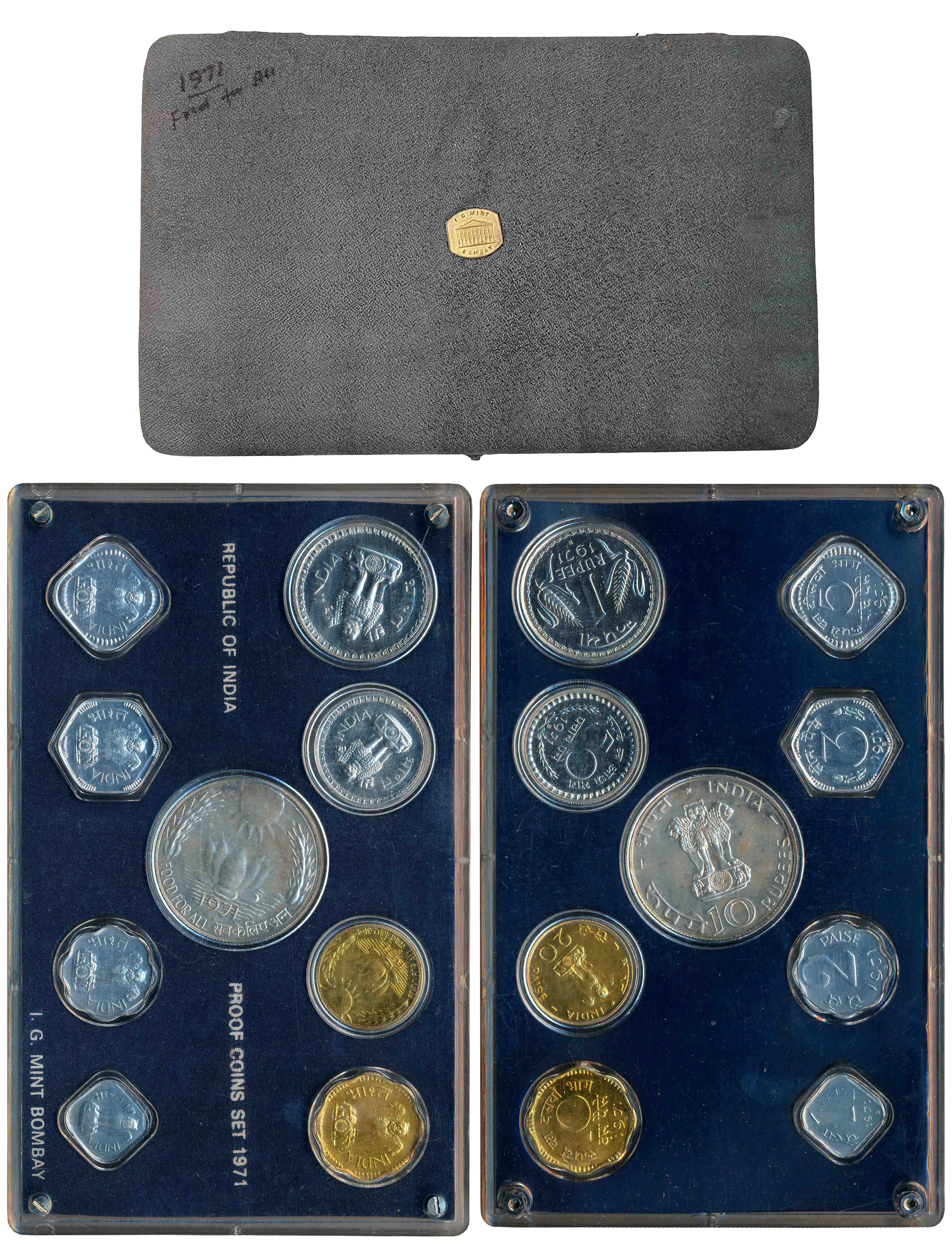 1971, VIP Proof Set of 9, Rupees 10, & Paise 20 (F.A.O.), Rupee, Paise 50, 10, 5, 3, 2, & 