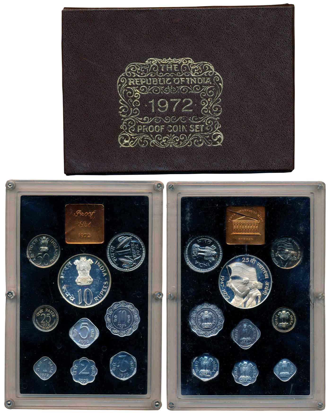 1972, Proof set of 9, Rupees 10 & 1, with mint emblem, “25th Anniversary of Independence”,