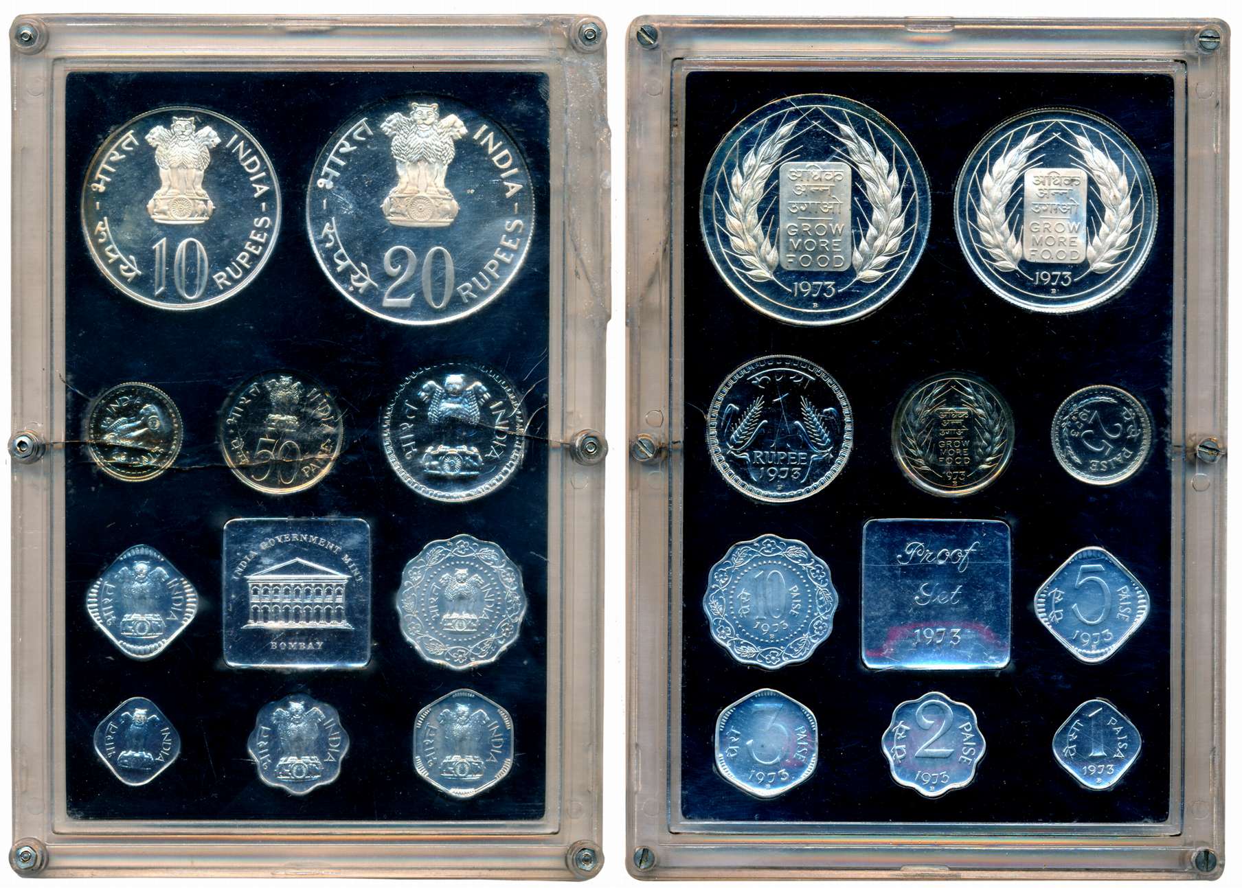 1973, Proof set of 10, Rupees 50, 10 & 1, Paise 50, 25, 10, 5, 3, 2, & 1, with mint emblem