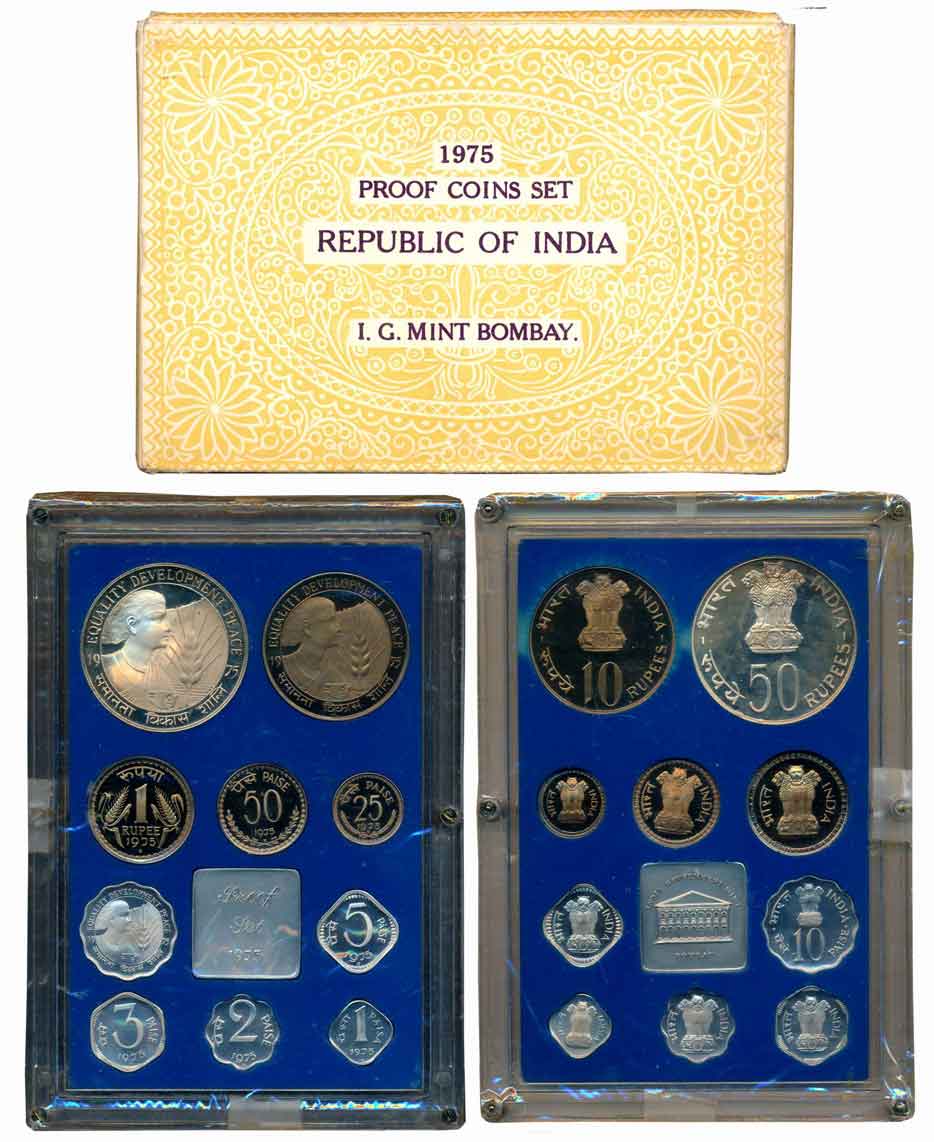 1975, Proof Set of 10, Rupees 50, 10 & 1, Paise 50, 25, 10, 5, 3, 2, & 1, with mint emblem