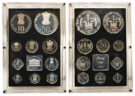 1976, Proof Set of 10, Rupees 50, 10 & 1, Paise 50, 25, 10, 5, 3, 2, & 1, with mint emblem