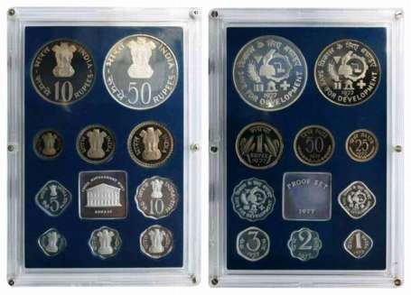 1977, Proof Set of 10, Rupees 50, 10 & 1, Paise 50, 25, 10, 5, 3, 2, & 1, with mint emblem